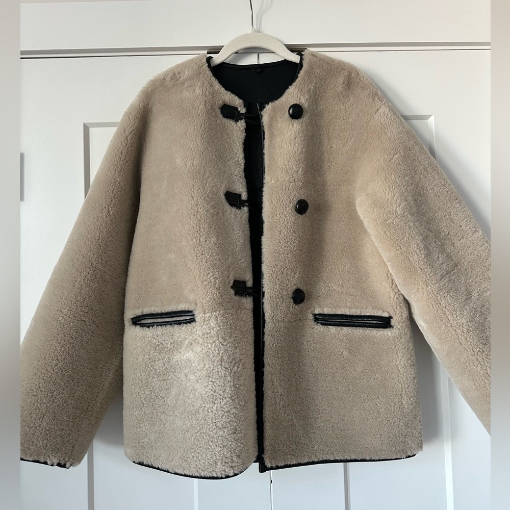 MANGO SHEARLING LEATHER COAT, XS